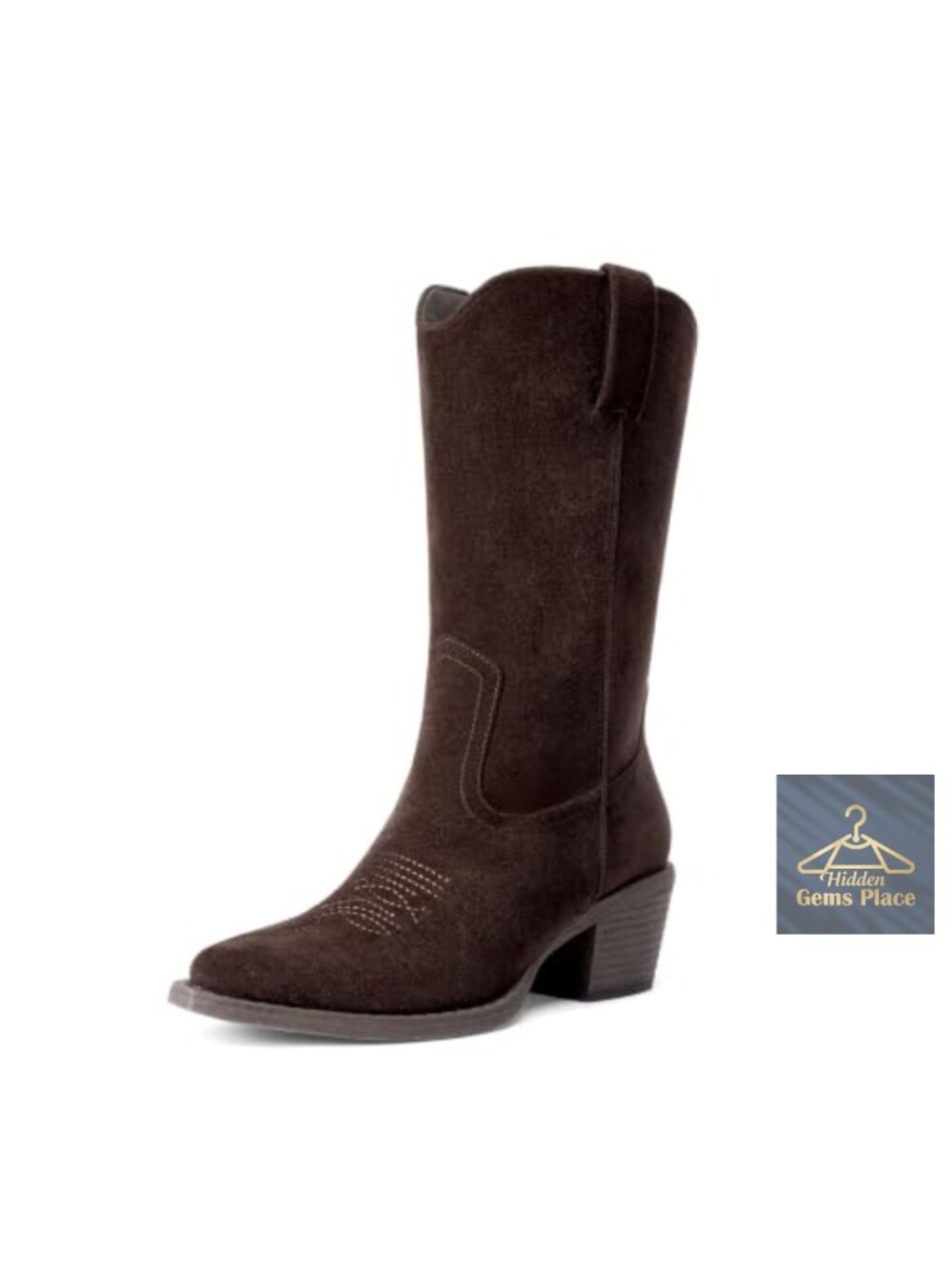 Faux Suede Cowboy Boots Narrow Square Toe Pull-On Mid-Calf Western Bootie